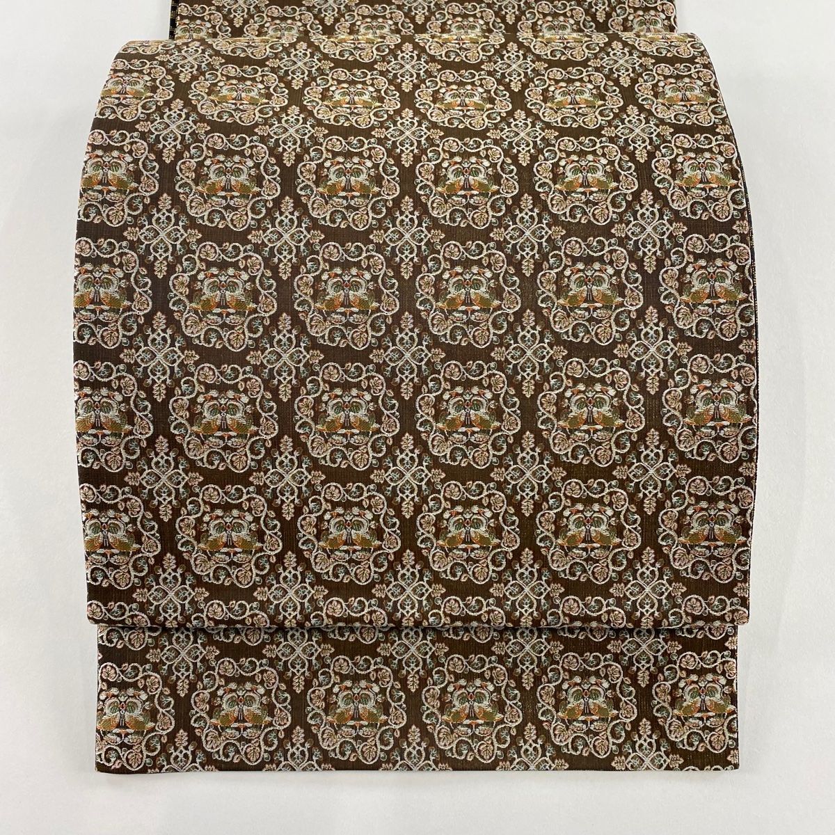 美品】 袋帯 秀品 向かい鳥 花菱 金糸 焦茶色 全通 正絹 【中古