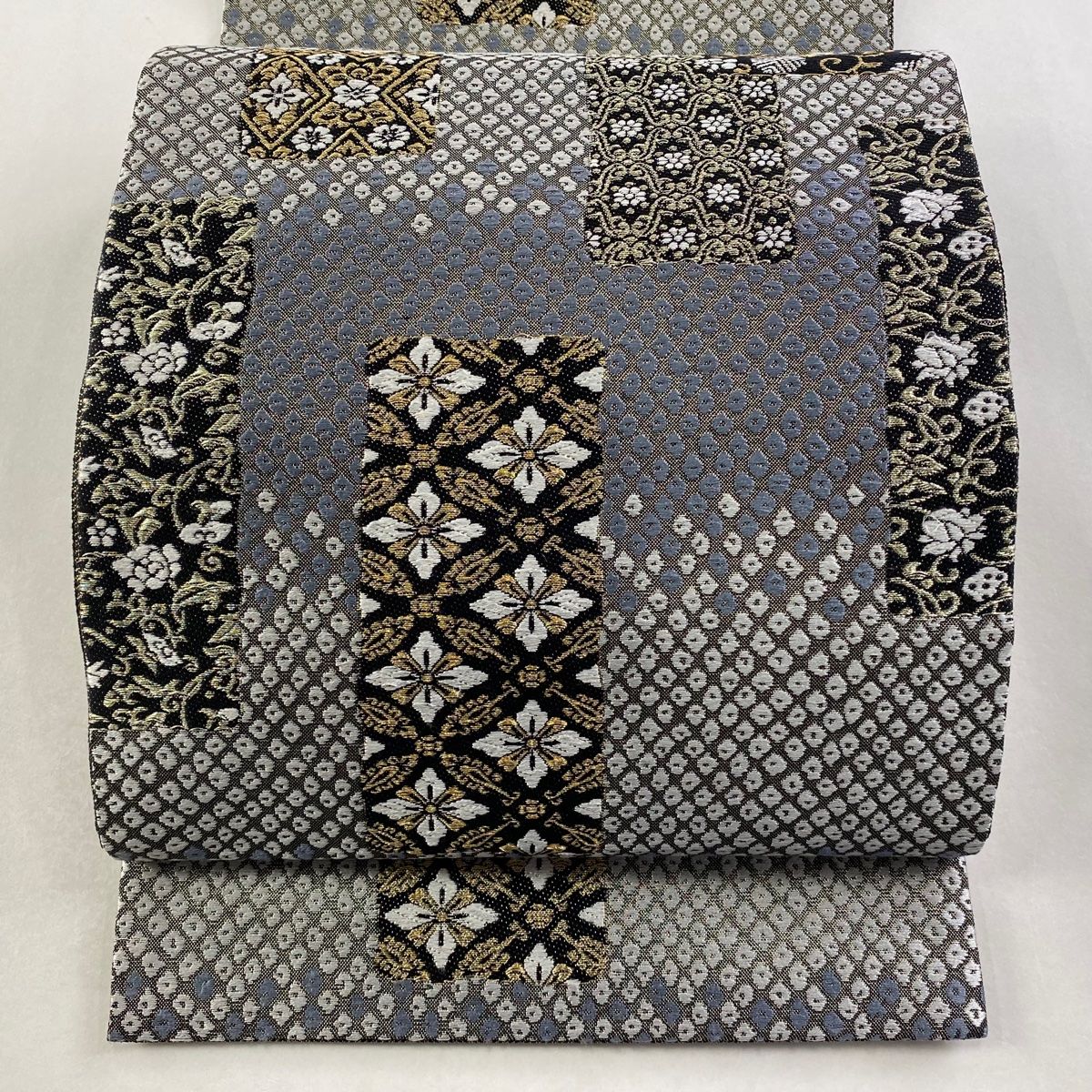 美品】 袋帯 秀品 花菱 疋田 刺繍 金銀糸 青灰色 六通 正絹 【中古