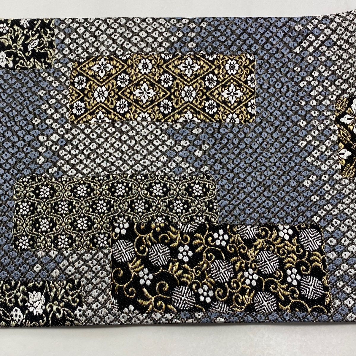 美品】 袋帯 秀品 花菱 疋田 刺繍 金銀糸 青灰色 六通 正絹 【中古
