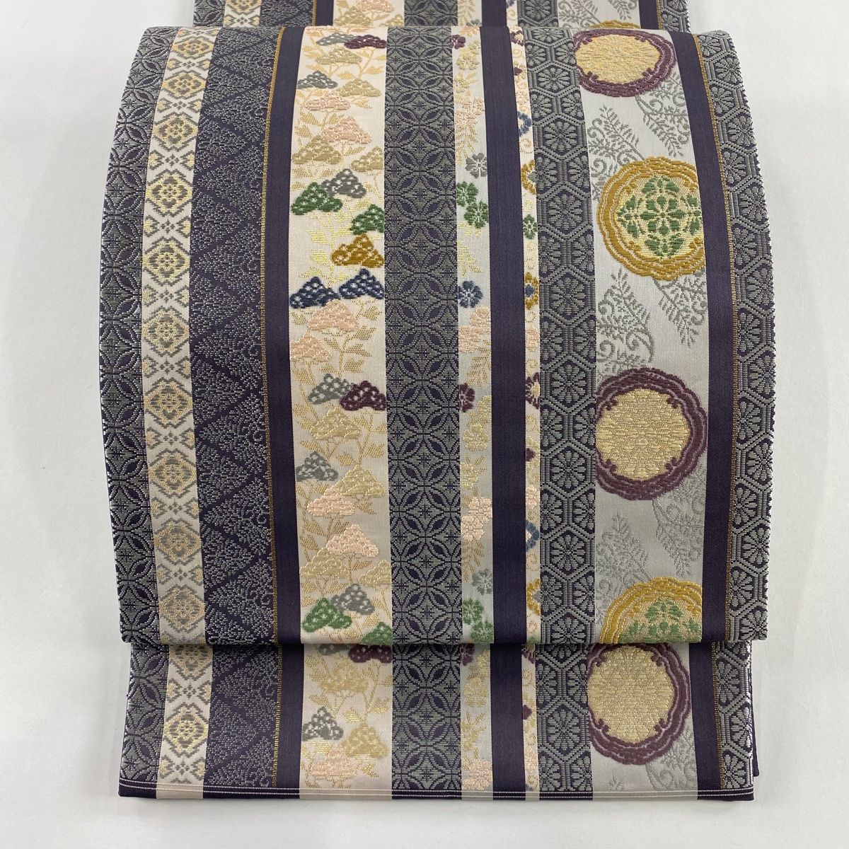 美品】 袋帯 名品 麗粋唐織 七宝 女郎花 箔 灰色 六通 正絹 【】