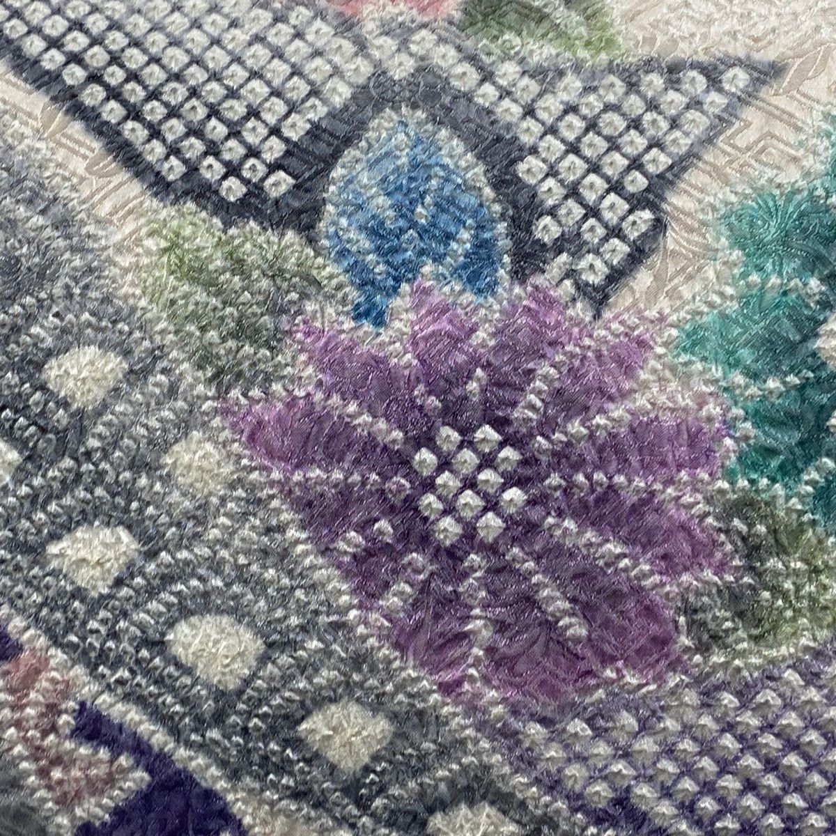 名古屋帯 草花 熨斗 絞り クリーム 正絹