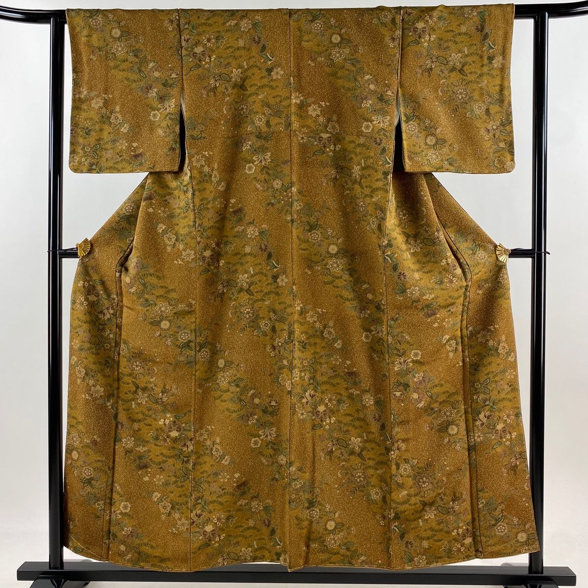 小紋 身丈155cm 裄丈60.5cm S 袷 草花 縮緬 茶色 正絹 秀品