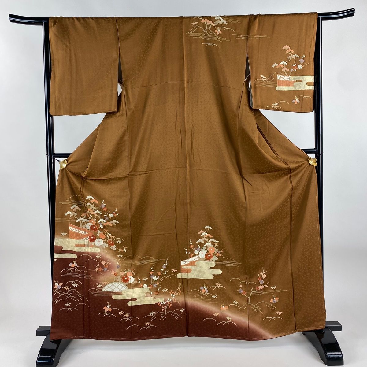 訪問着 身丈163.5cm 裄丈66cm M 袷 菊 松竹梅 金彩 ぼかし 茶色 正絹