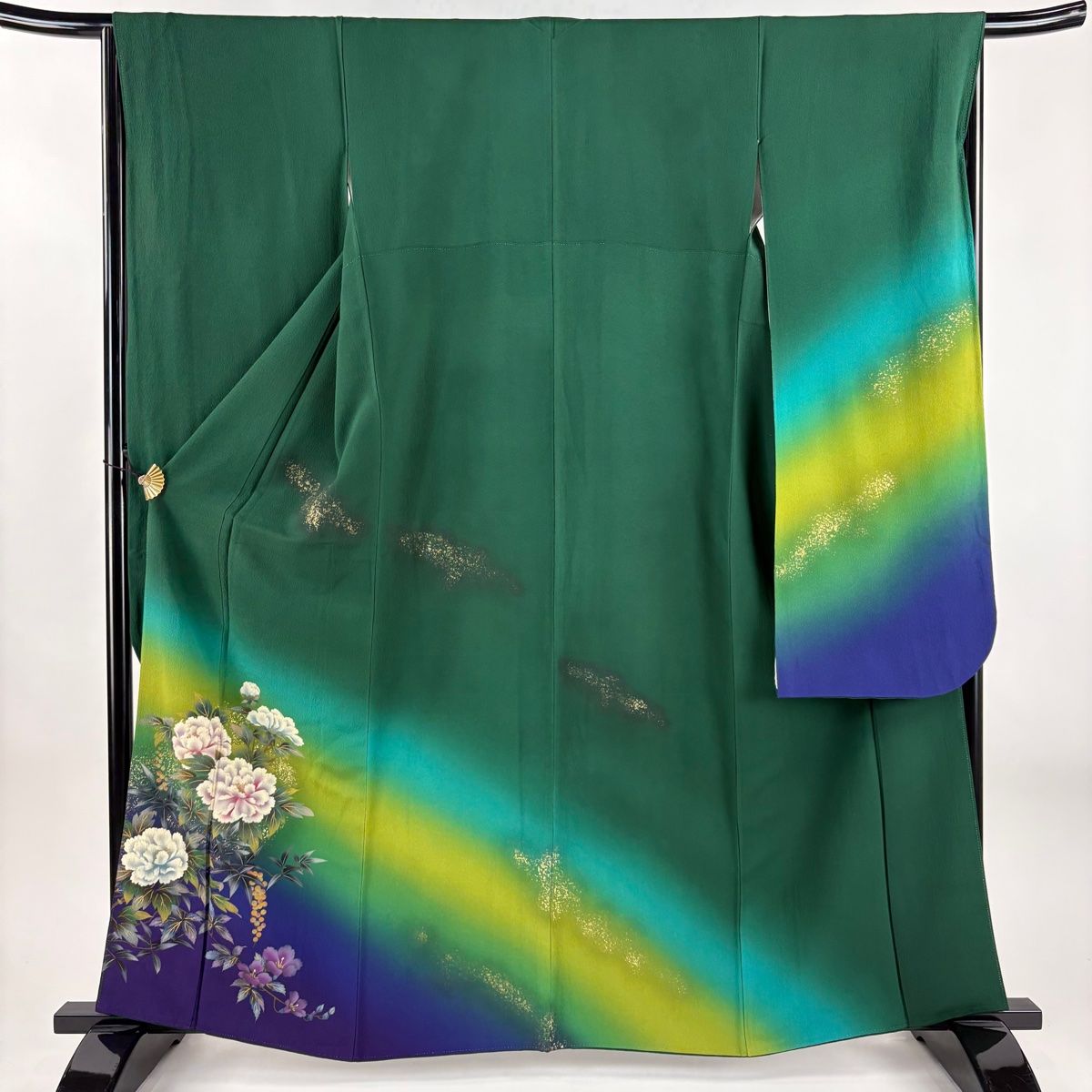 振袖 身丈162cm 裄丈66cm M 袷 牡丹 草花 金彩 染め分け 緑 正絹 秀品