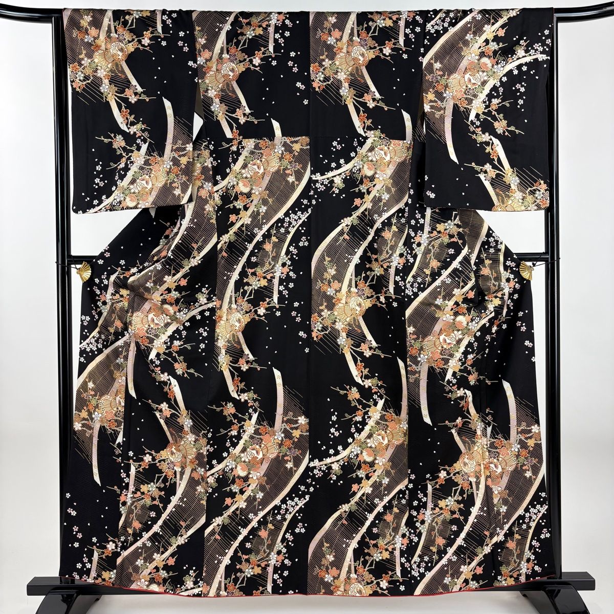 小紋 身丈160cm 裄丈65cm M 袷 やまと 鼓 枝梅 金彩 黒 正絹 秀品