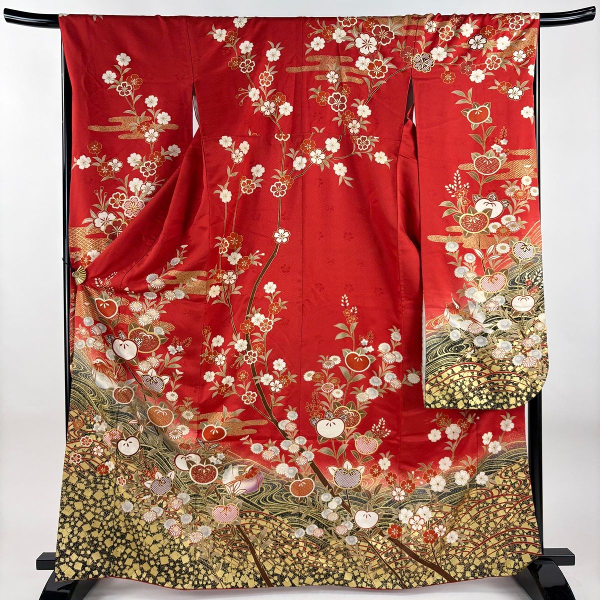 振袖 身丈166.5cm 裄丈67cm M 袷 橘花 鴛鴦 金彩 染め分け 赤 正絹 秀品