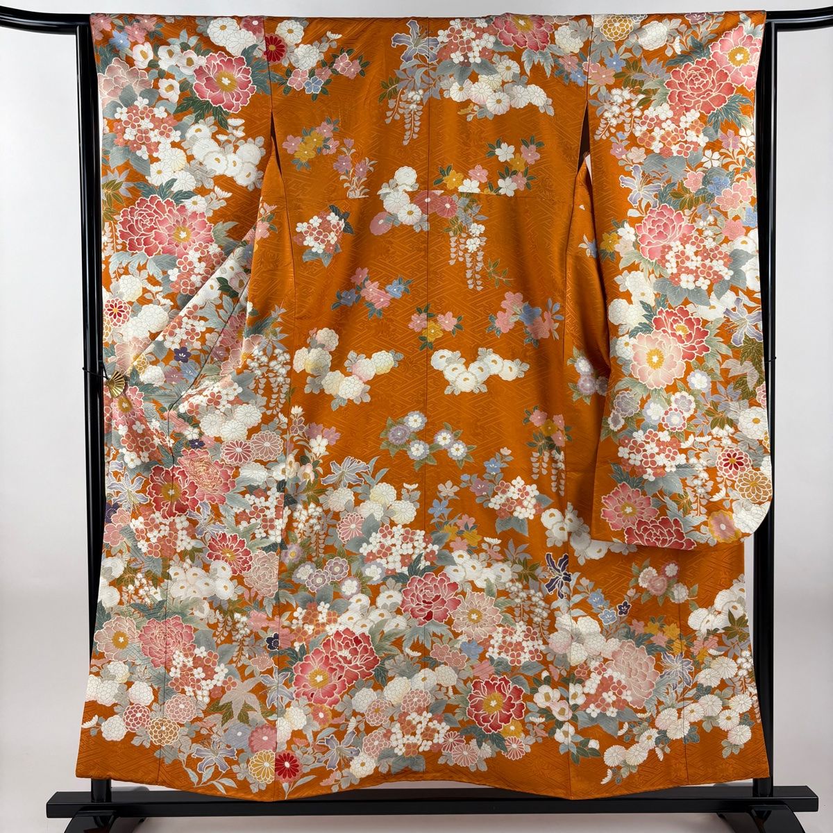 振袖 身丈156.5cm 裄丈64.5cm M 袷 牡丹 草花 金糸 金彩 オレンジ 正絹 秀品