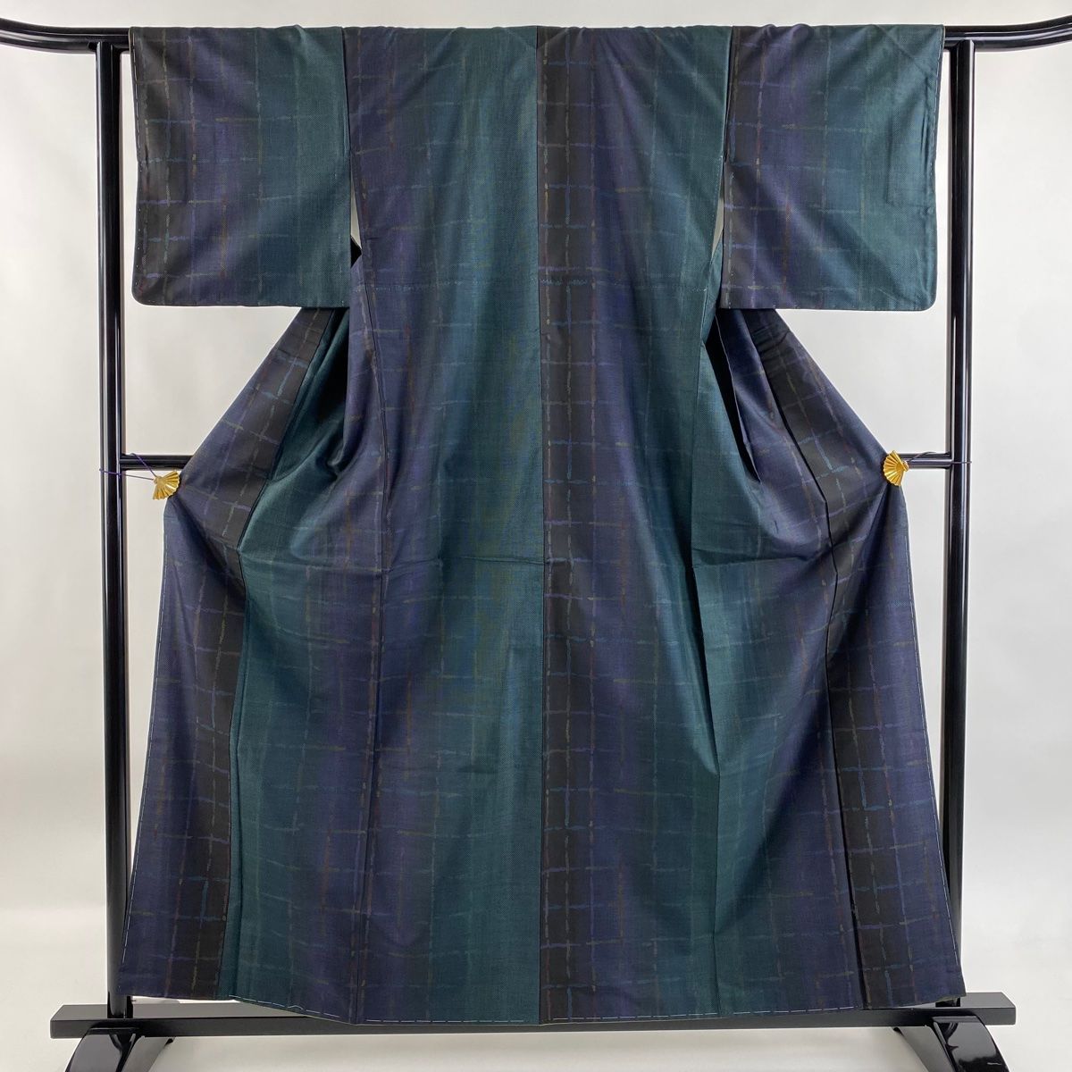 大島紬 身丈159cm 裄丈62.5cm S 袷 証紙 格子 濃紺 正絹 秀品