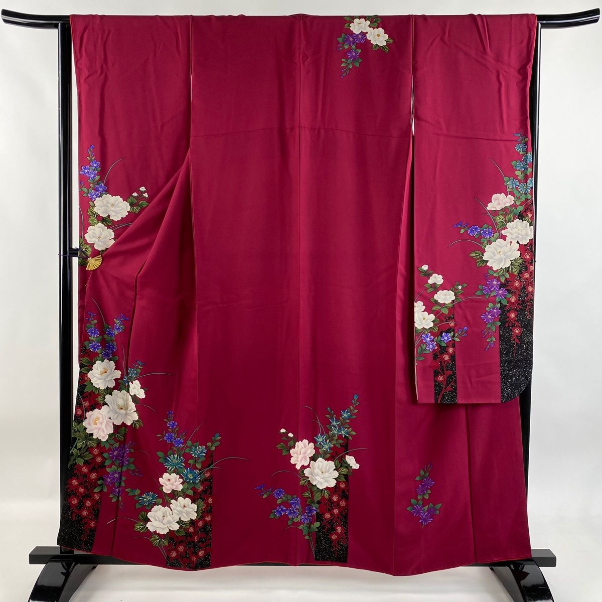 振袖 身丈158cm 裄丈65cm M 袷 牡丹 草花 刺繍 箔 赤紫 正絹 秀品