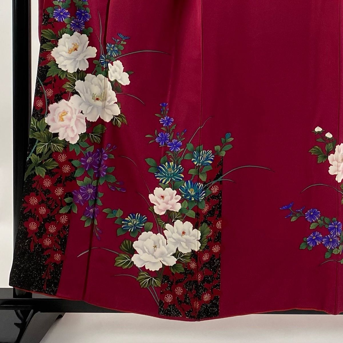 振袖 身丈158cm 裄丈65cm M 袷 牡丹 草花 刺繍 箔 赤紫 正絹 秀品