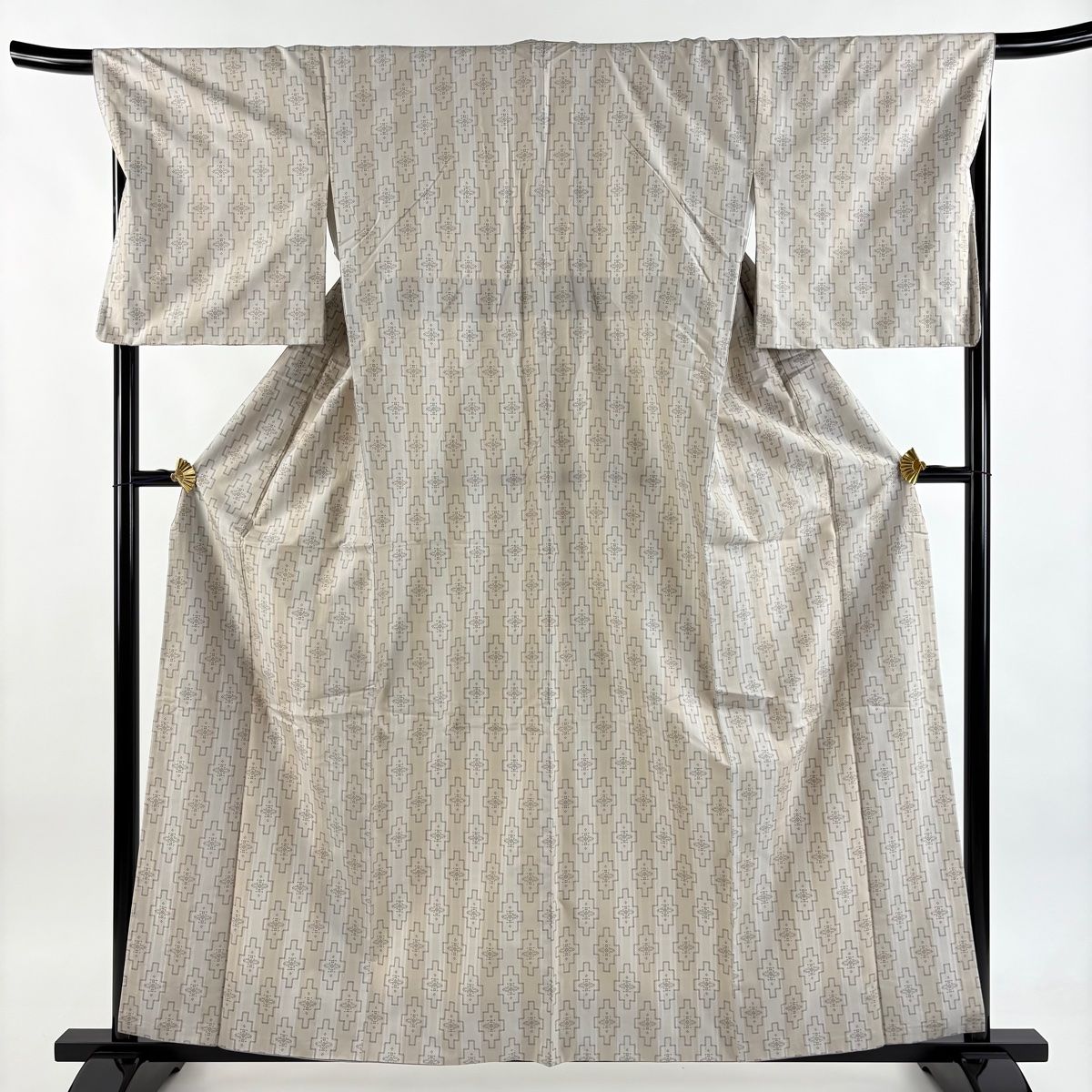 大島紬 身丈160cm 裄丈68cm L 袷 証紙 幾何学模様 縦縞 灰茶 正絹 名品