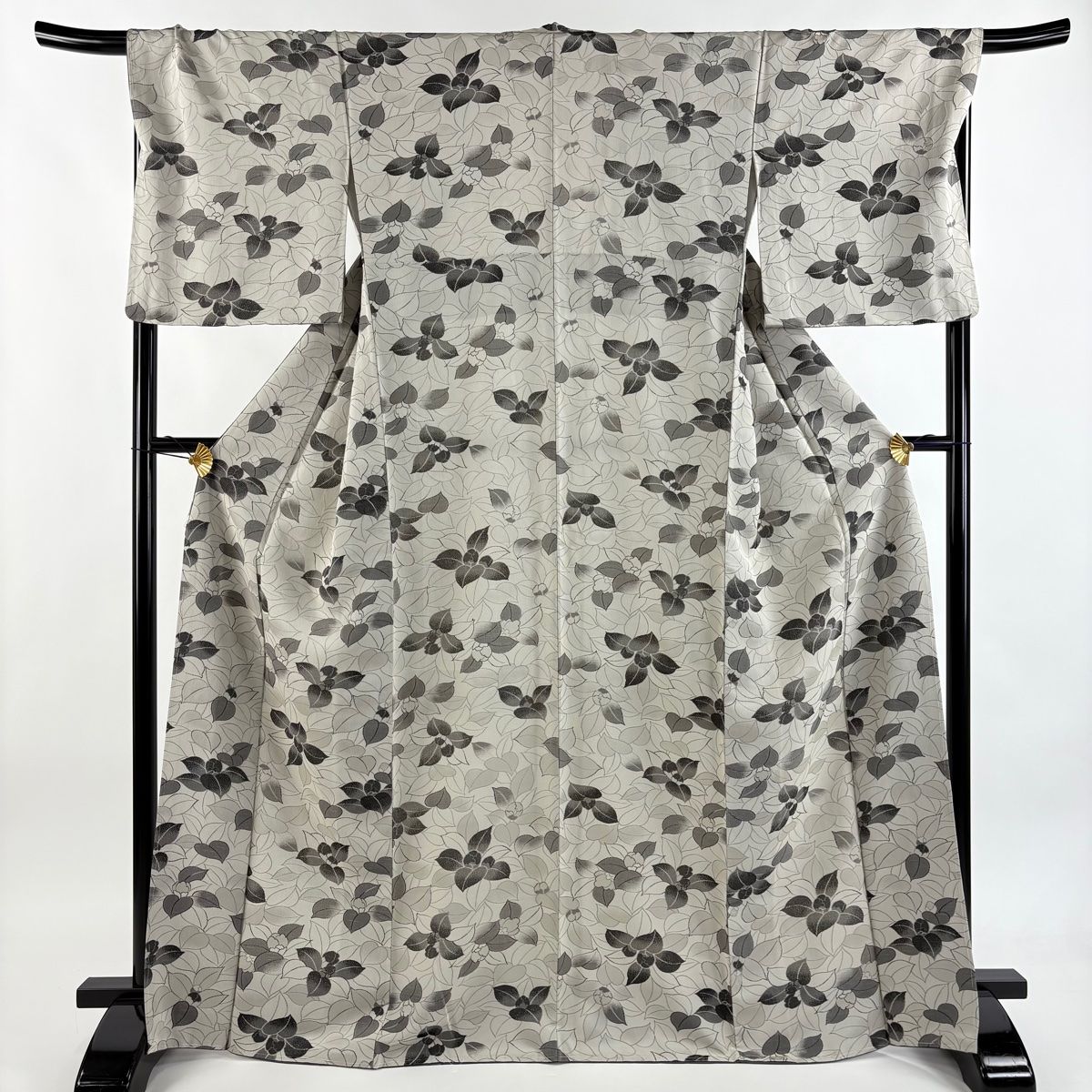 小紋 身丈168.5cm 裄丈67.5cm L 袷 草花 灰茶 正絹 名品