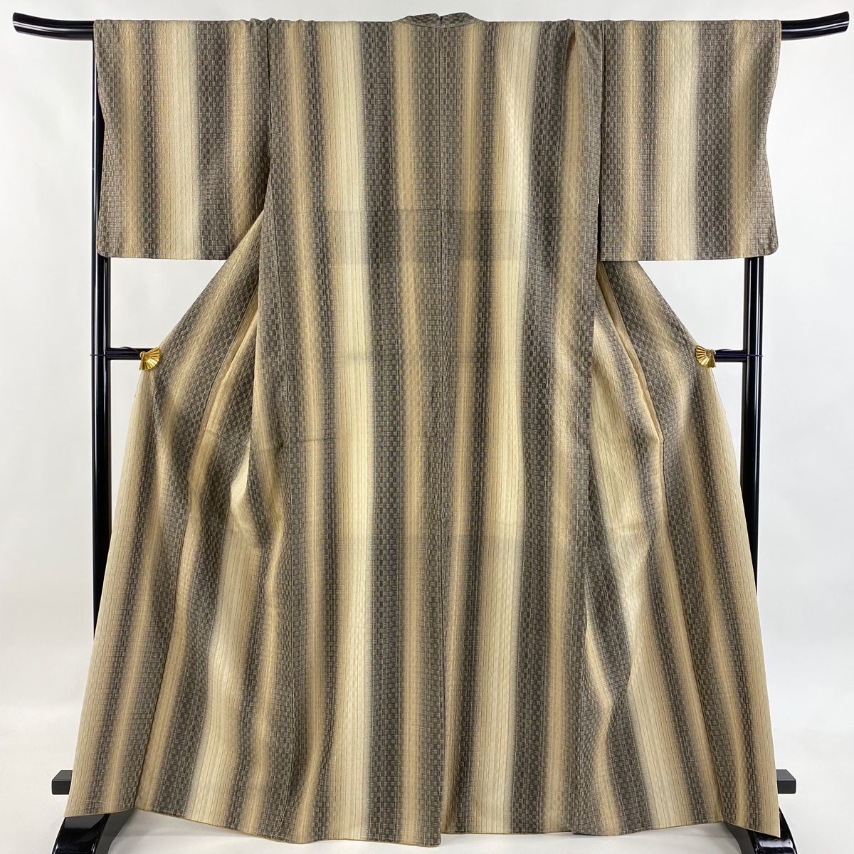 紬 身丈166.5cm 裄丈70cm L 袷 縦縞 幾何学模様 茶色 正絹 名品