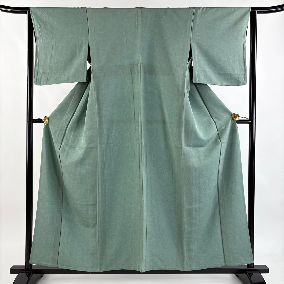 小紋 身丈157cm 裄丈64cm M 単衣 墨流し 灰緑 正絹 名品