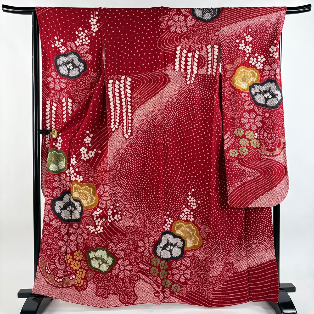 振袖 身丈163cm 裄丈66.5cm M 袷 花車 菊 絞り 金彩 赤 正絹 名品