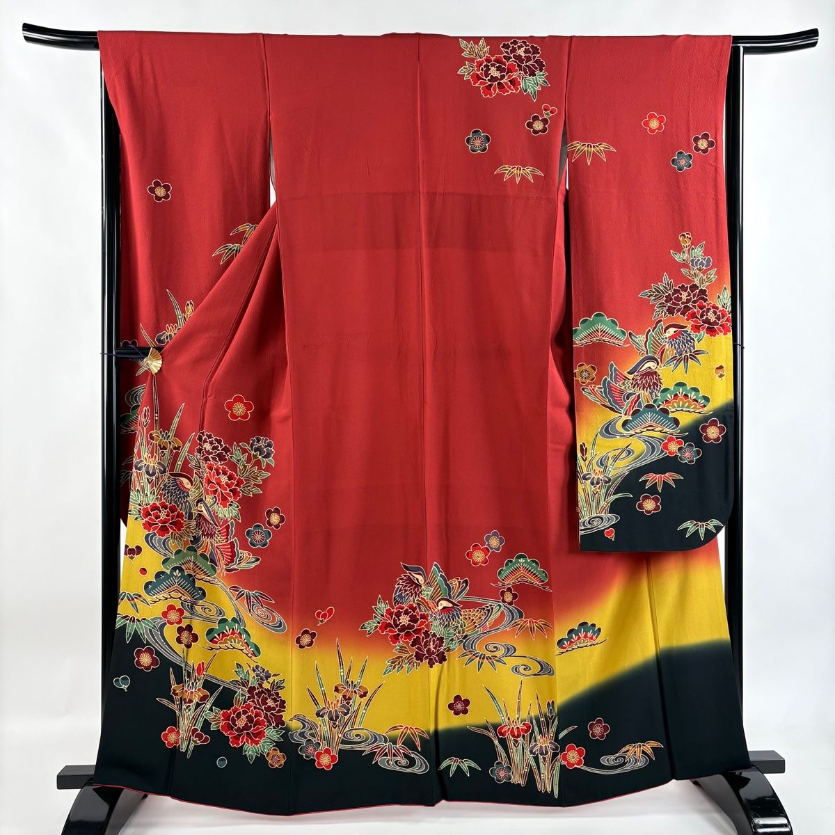 振袖 身丈164cm 裄丈65.5cm M 袷 やまと 鴛鴦 松竹梅 染め分け 茜色 正絹 名品