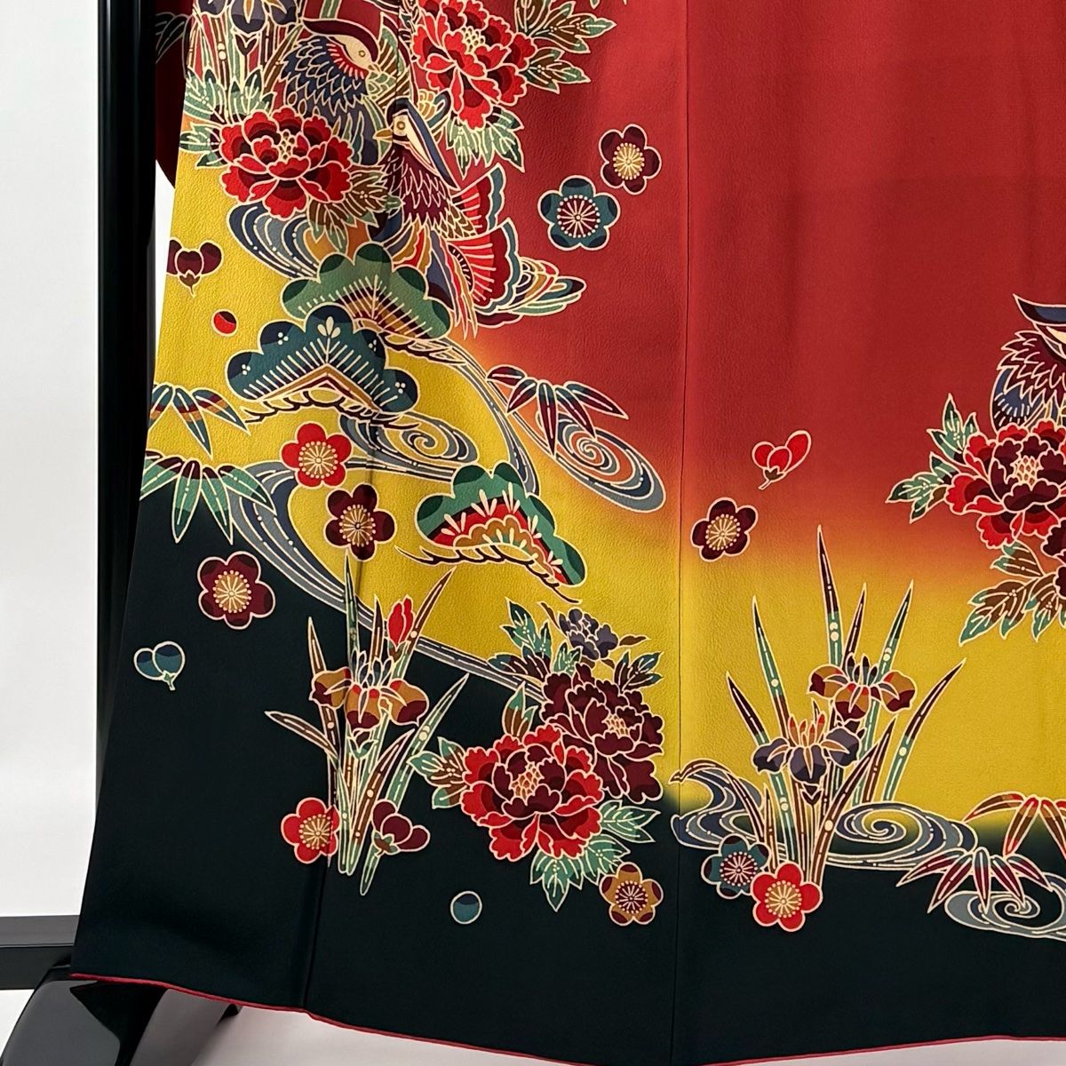振袖 身丈164cm 裄丈65.5cm M 袷 やまと 鴛鴦 松竹梅 染め分け 茜色 正絹 名品