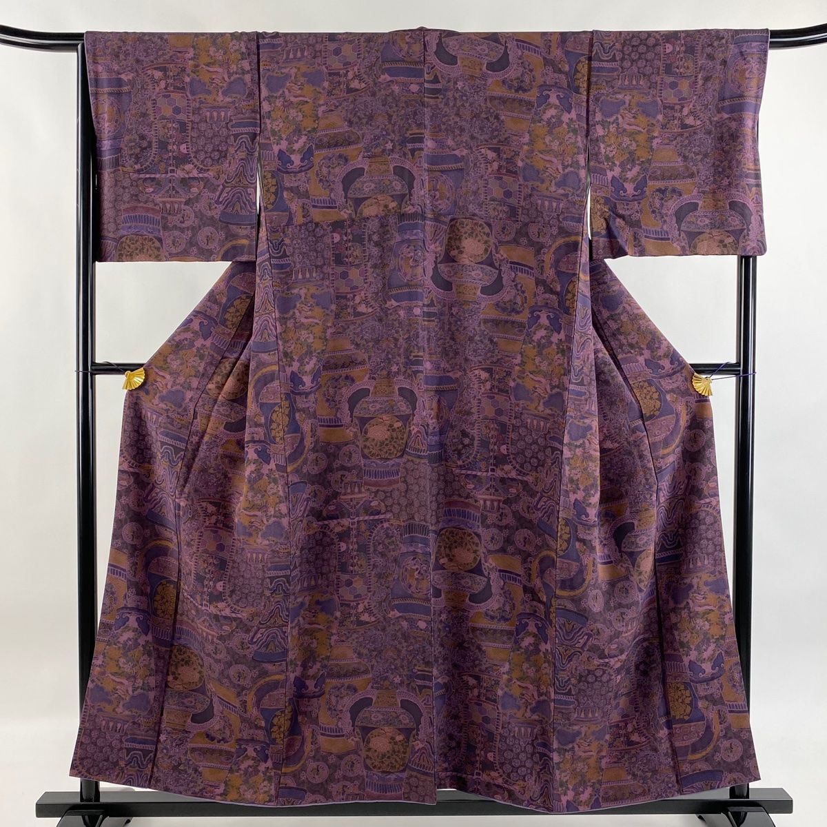 小紋 身丈156 cm 裄丈67.5 L 袷 前田仁仙 落款 器物文 草花 紫 正絹