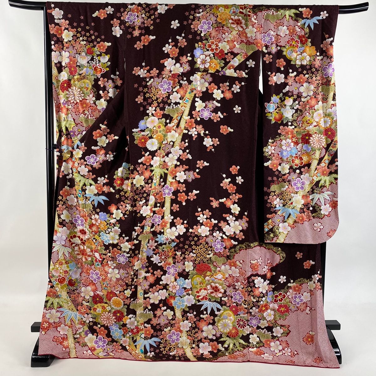 振袖 身丈175 cm 裄丈70 L 袷 牡丹 竹 銀通し 金彩 茶紫 正絹