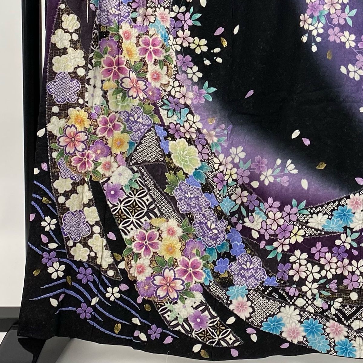 振袖 身丈162.5cm 裄丈68cm L 袷 桜 熨斗 金通し 金彩 黒 正絹
