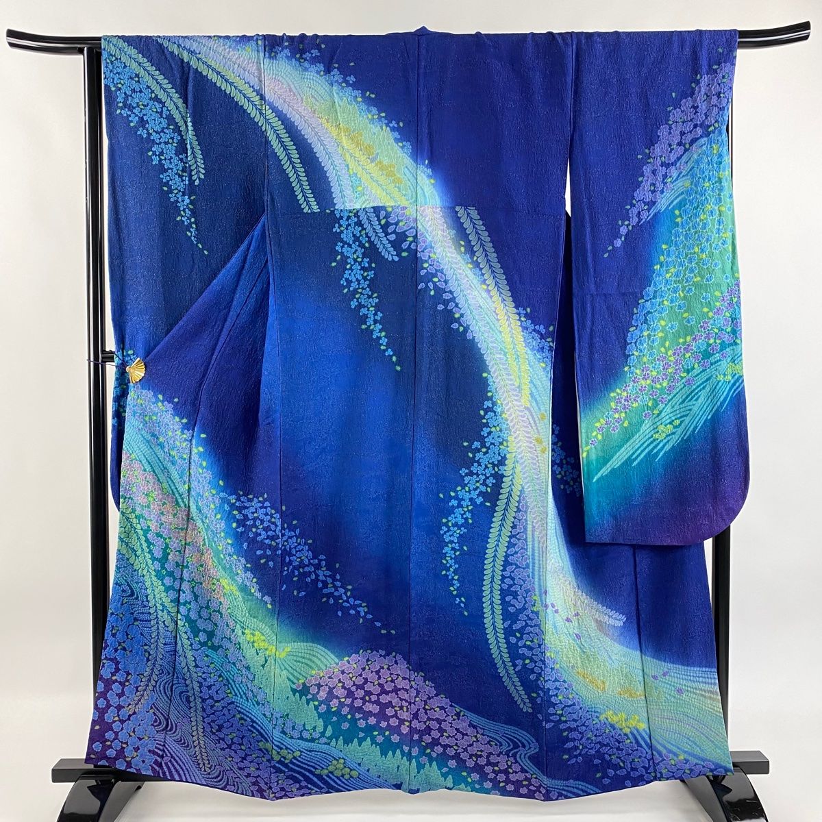 振袖 身丈161.5cm 裄丈67.5cm L 袷 桜 流水 絞り 銀通し 青 正絹