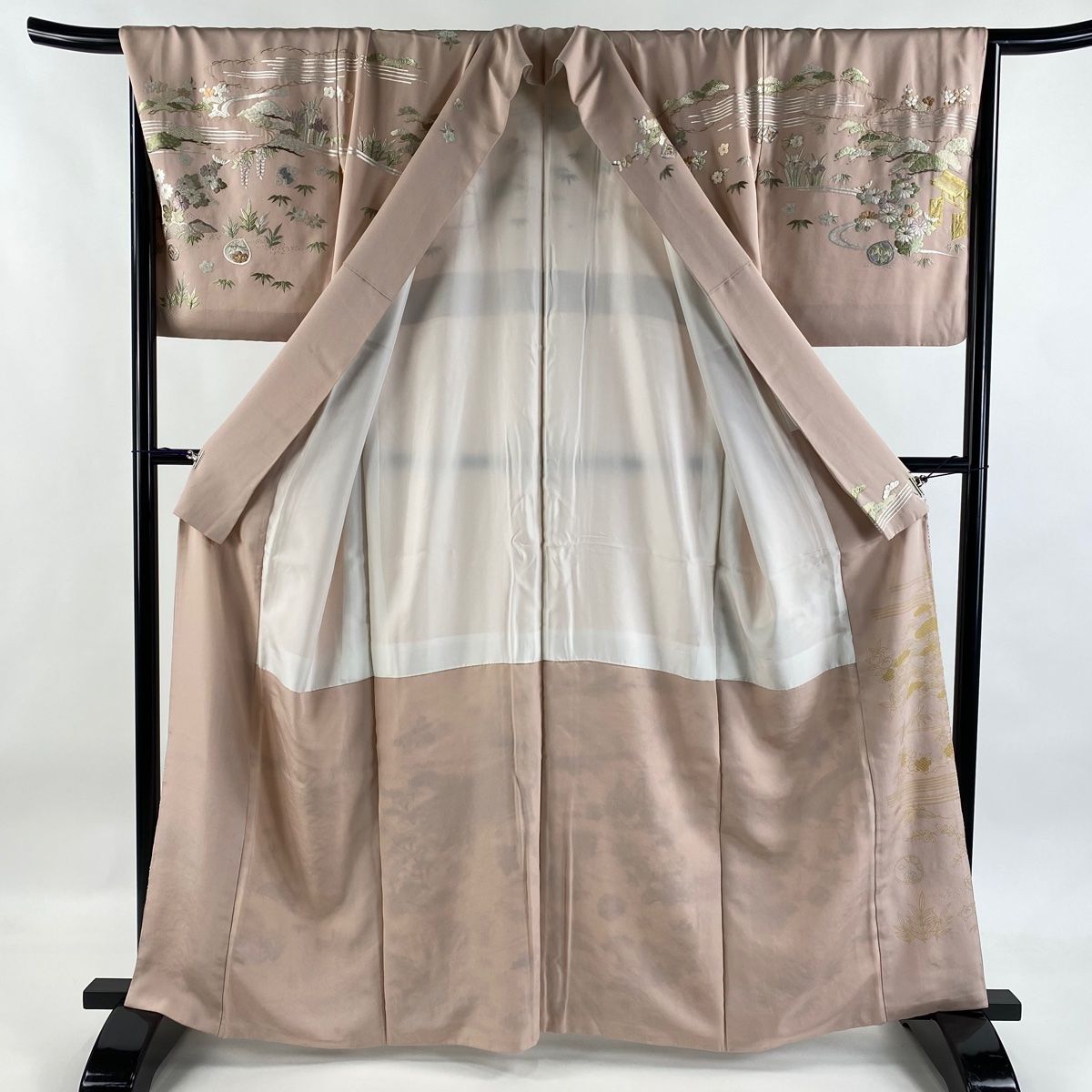 訪問着 身丈162.5cm 裄丈68cm L 袷 建物 草花 刺繍 金糸 薄ピンク 正絹