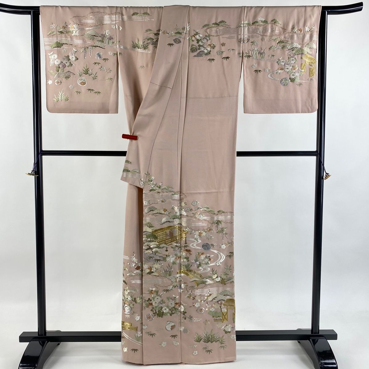 訪問着 身丈162.5cm 裄丈68cm L 袷 建物 草花 刺繍 金糸 薄ピンク 正絹