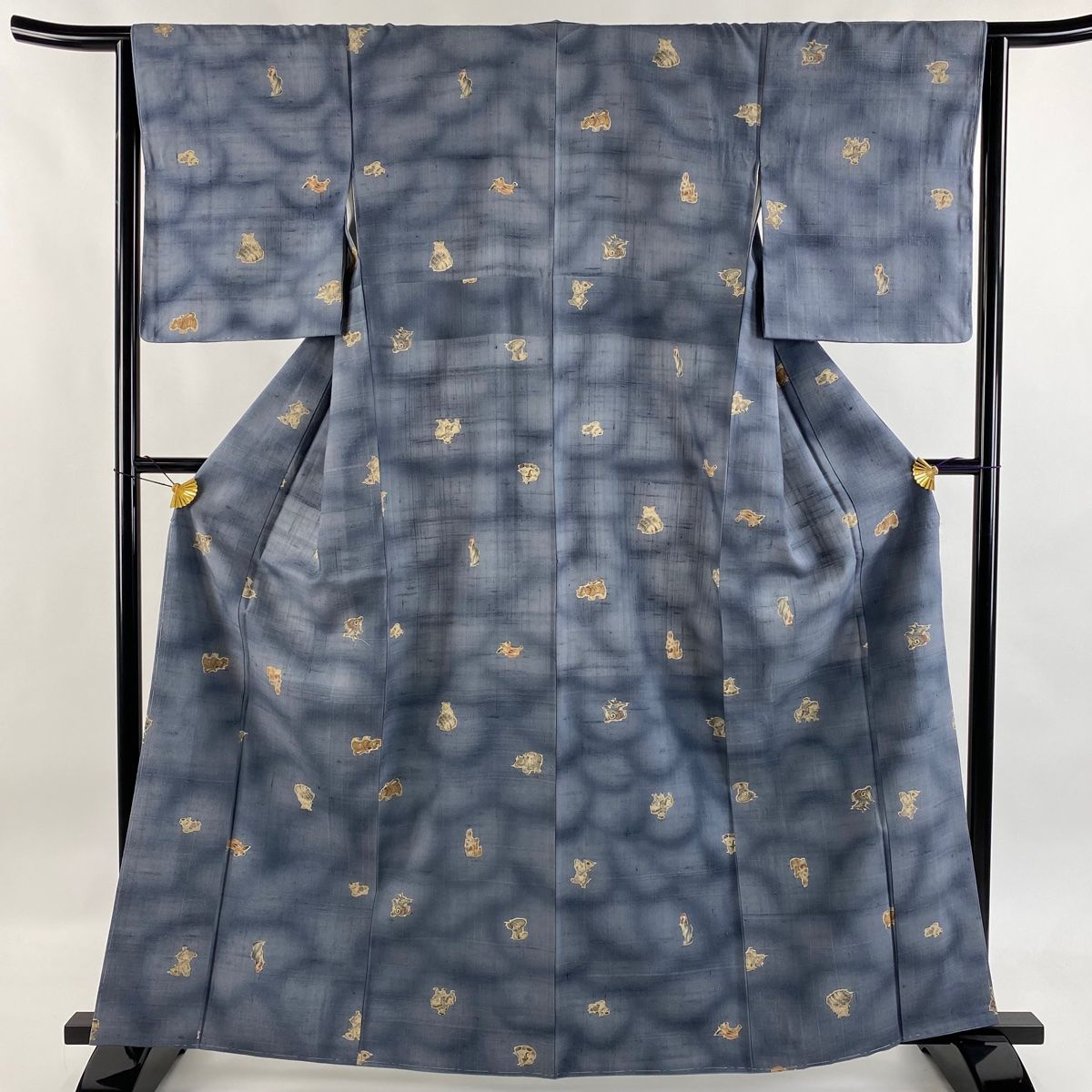 小紋 身丈163cm 裄丈64cm M 袷 しょうざん 生紬地 証紙 十二支 ぼかし 青灰色 正絹