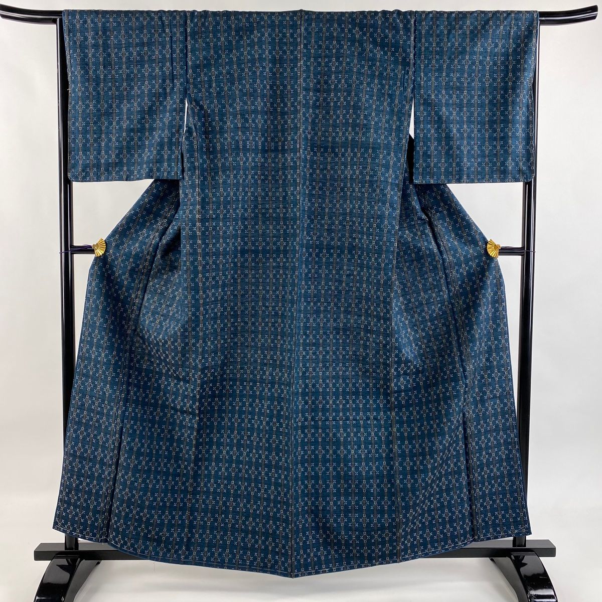 紬 身丈160cm 裄丈66cm M 袷 縦縞 幾何学模様 花織 藍色 正絹