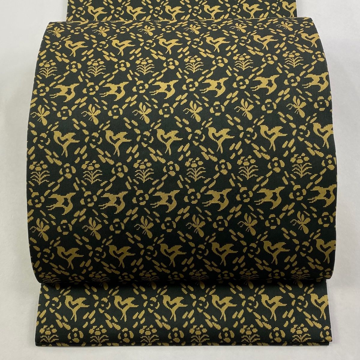 開き名古屋帯 龍村美術織物 鳥 草花 深緑 正絹