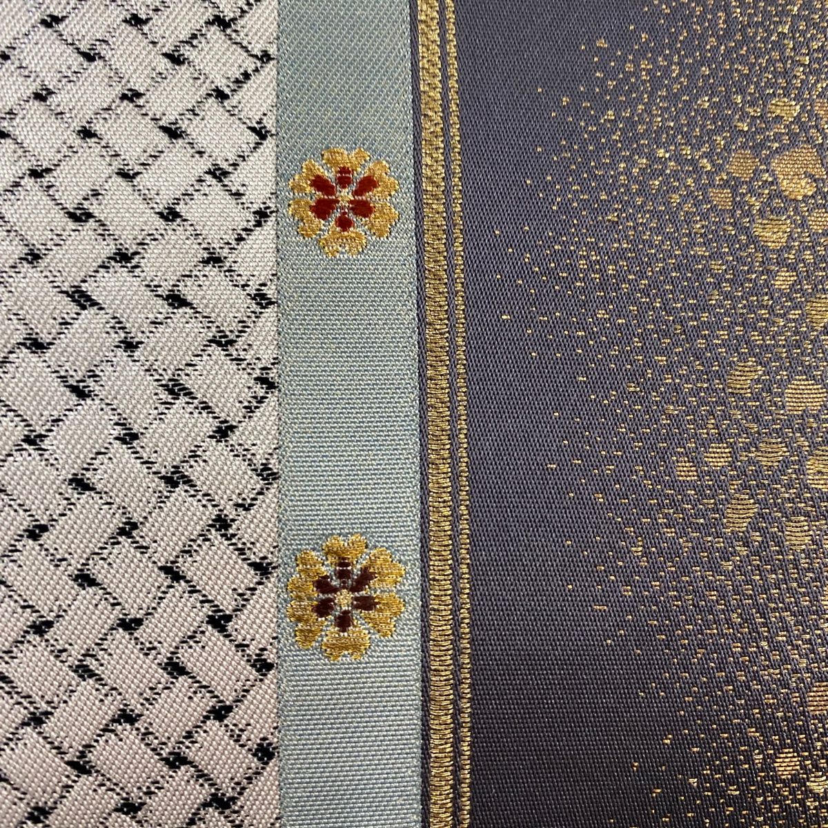 美品】 袋帯 秀品 加納幸 落款 網目 花 箔 金糸 銀色 六通 正絹 【中古