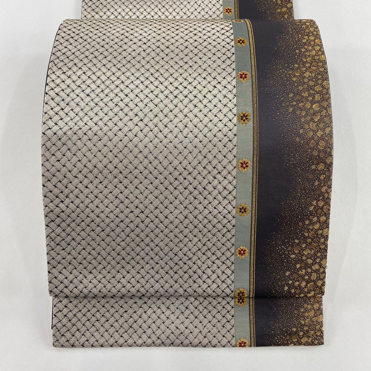 美品】 袋帯 秀品 加納幸 落款 網目 花 箔 金糸 銀色 六通 正絹 【中古