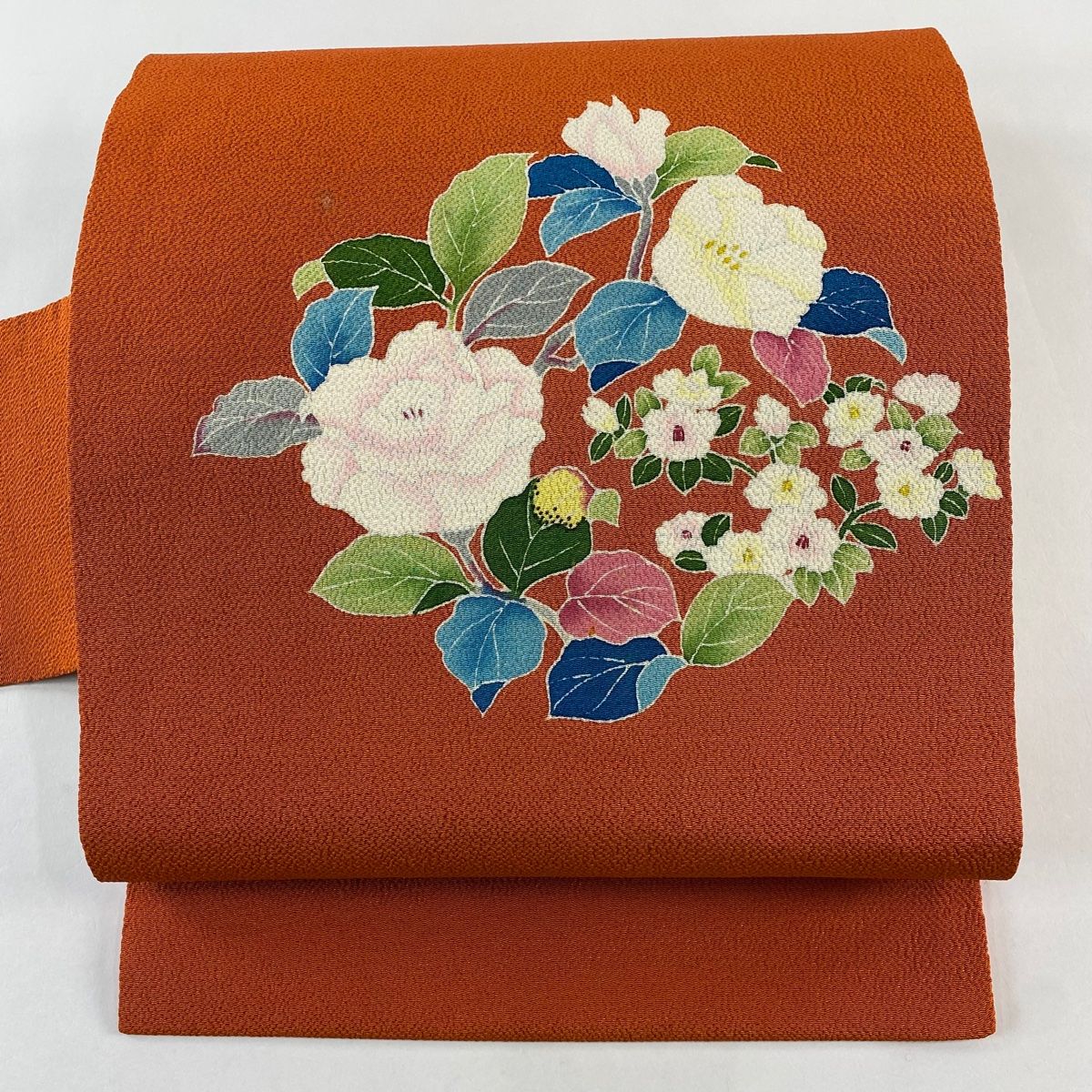 名古屋帯 秀品 落款 椿 枝花 縮緬 オレンジ 正絹
