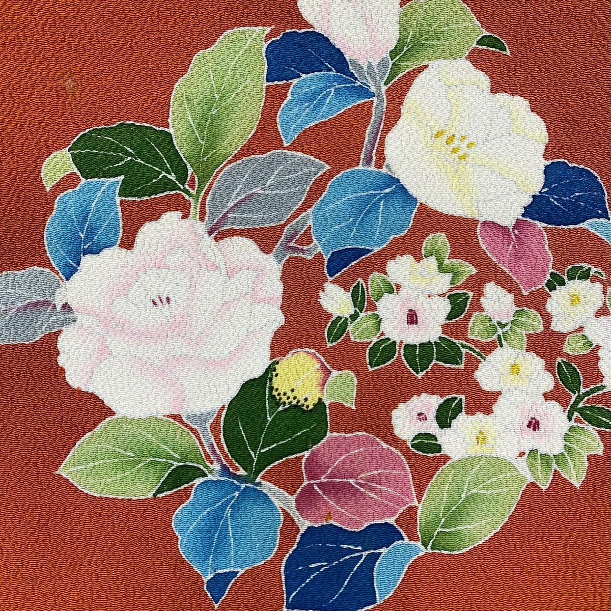 名古屋帯 秀品 落款 椿 枝花 縮緬 オレンジ 正絹