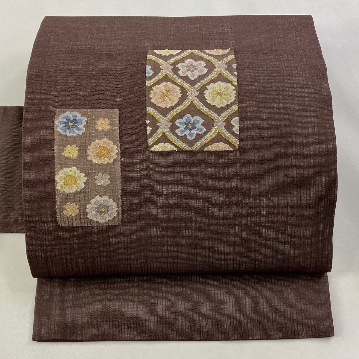 名古屋帯 夏帯 花柄 斜め格子 金銀糸 焦茶色 正絹