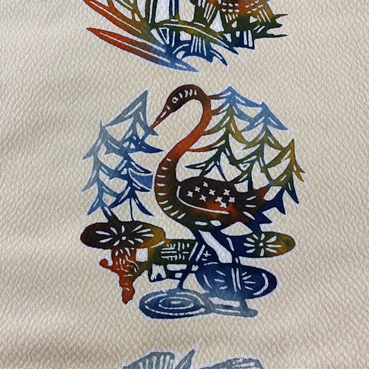 名古屋帯 秀品 鳥 麦 縮緬 ベージュ 正絹