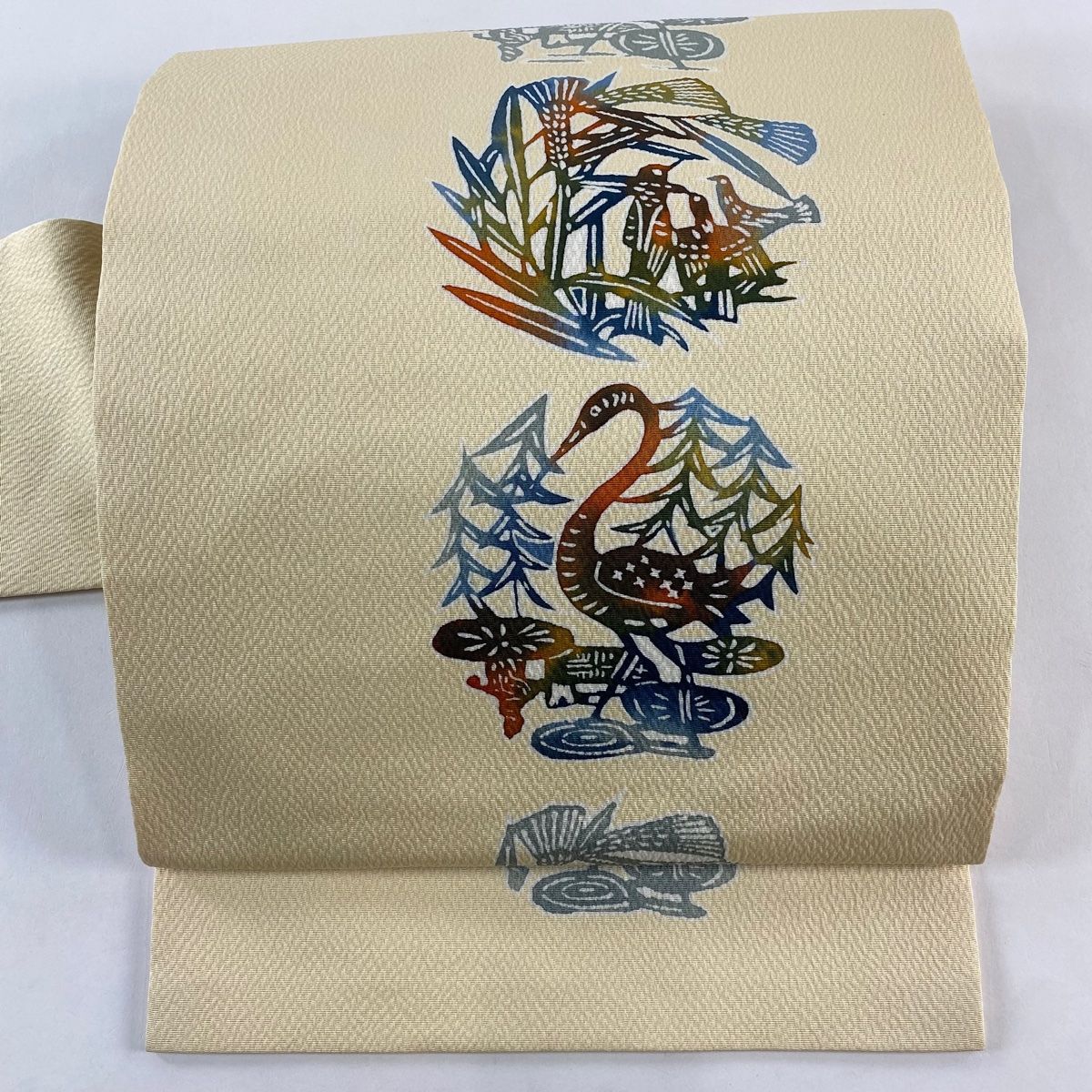 名古屋帯 秀品 鳥 麦 縮緬 ベージュ 正絹