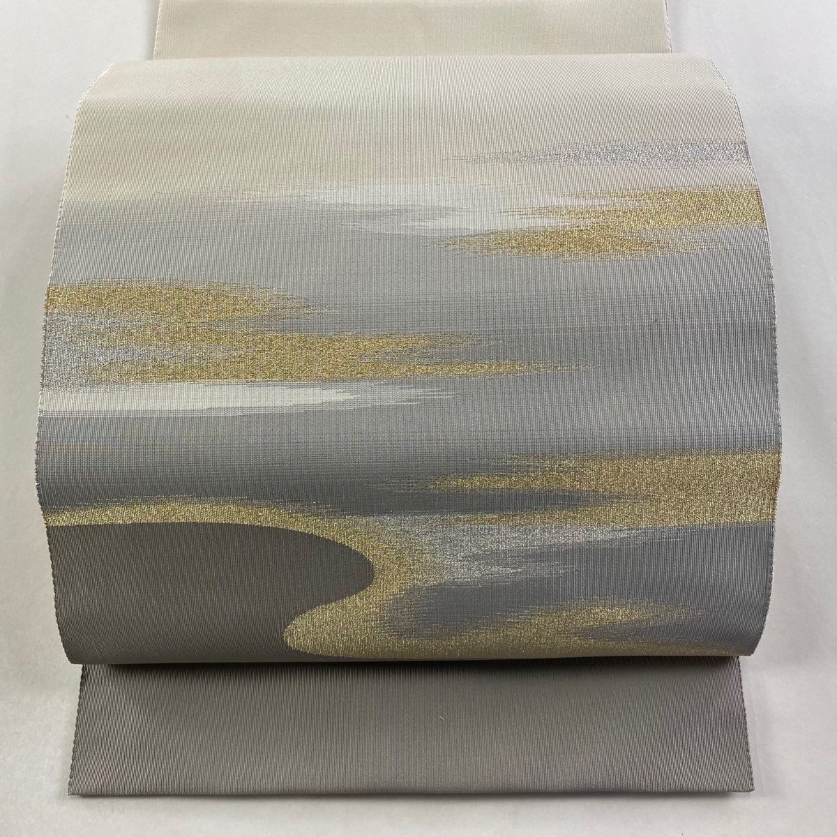 名古屋帯 八寸名古屋帯 松葉仕立て 綴れ 霞 金銀糸 クリーム 正絹