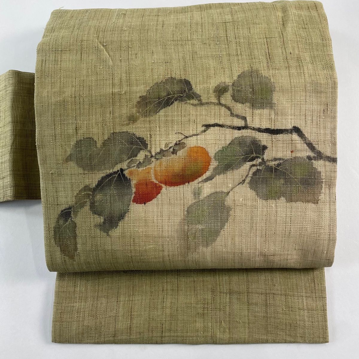 名古屋帯 秀品 落款 夏帯 柿 抹茶色 麻