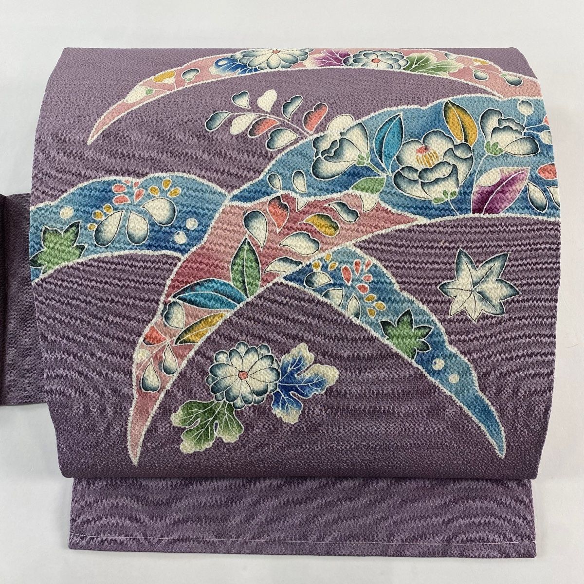 名古屋帯 秀品 草花 芝 縮緬 薄紫 正絹