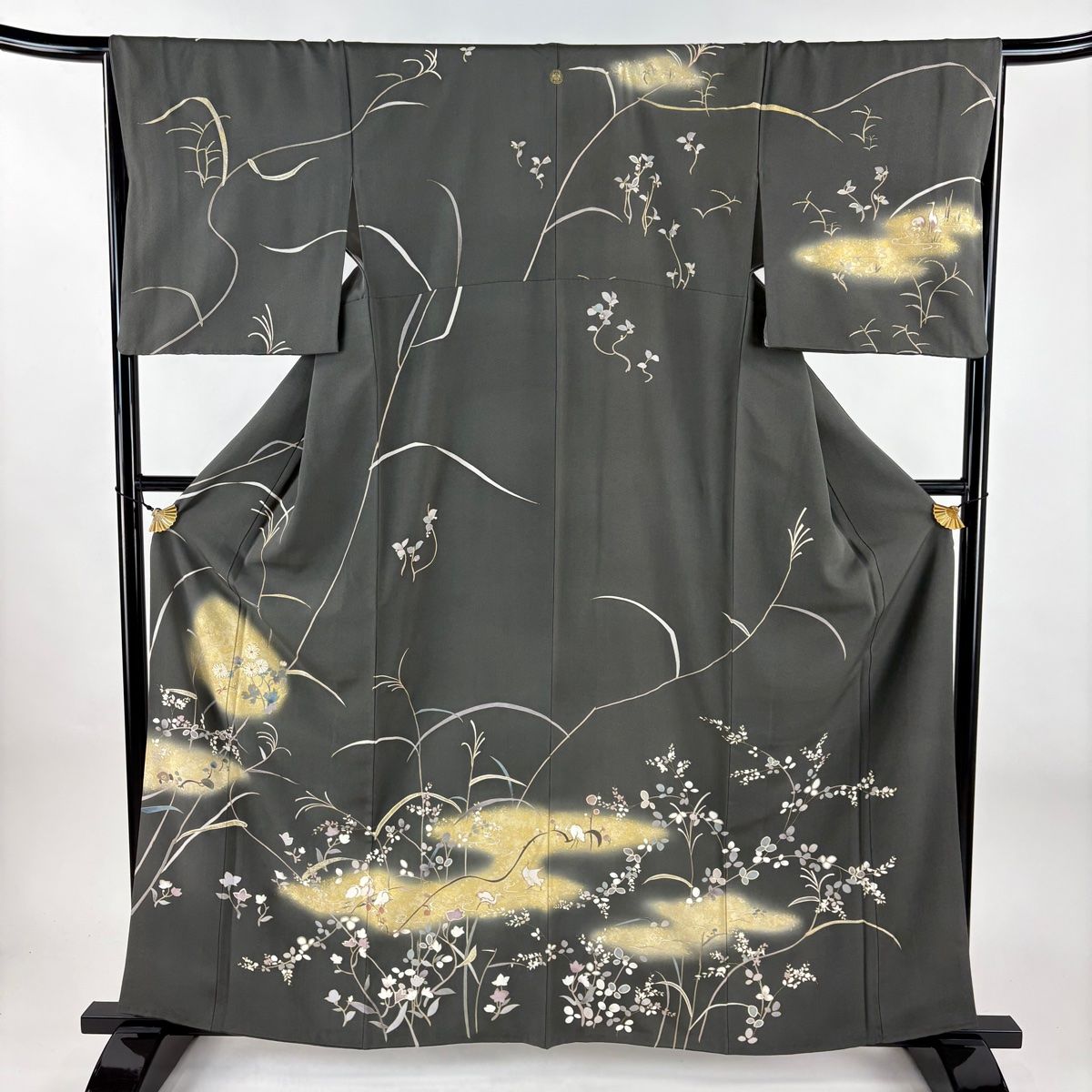 訪問着 身丈160.5cm 裄丈66.5cm M 袷 菊 萩 金糸 金彩 灰緑 正絹 秀品