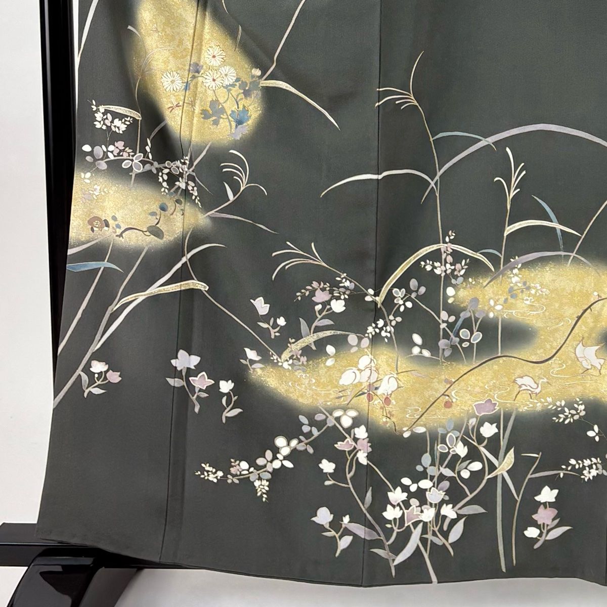 訪問着 身丈160.5cm 裄丈66.5cm M 袷 菊 萩 金糸 金彩 灰緑 正絹 秀品
