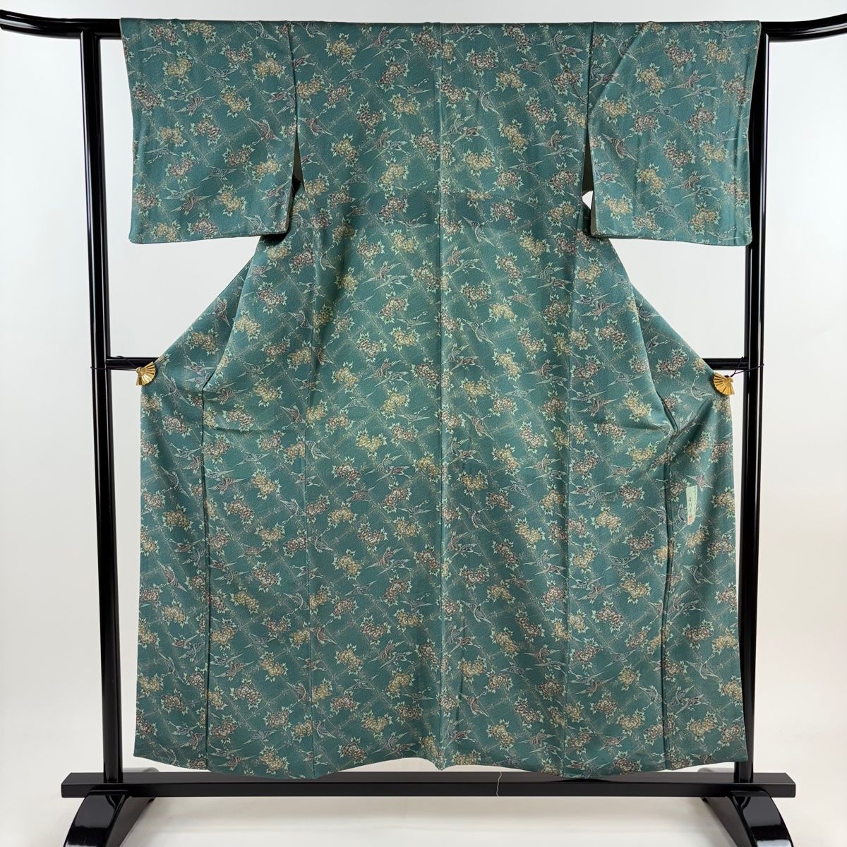 小紋 身丈156cm 裄丈61.5cm S 袷 南部幸雄 落款 鶴 牡丹 縮緬 緑 正絹 秀品