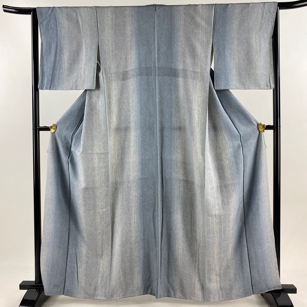 小紋 身丈161 cm 裄丈64.5 M 袷 墨流し 縦縞 青灰色 正絹 秀品