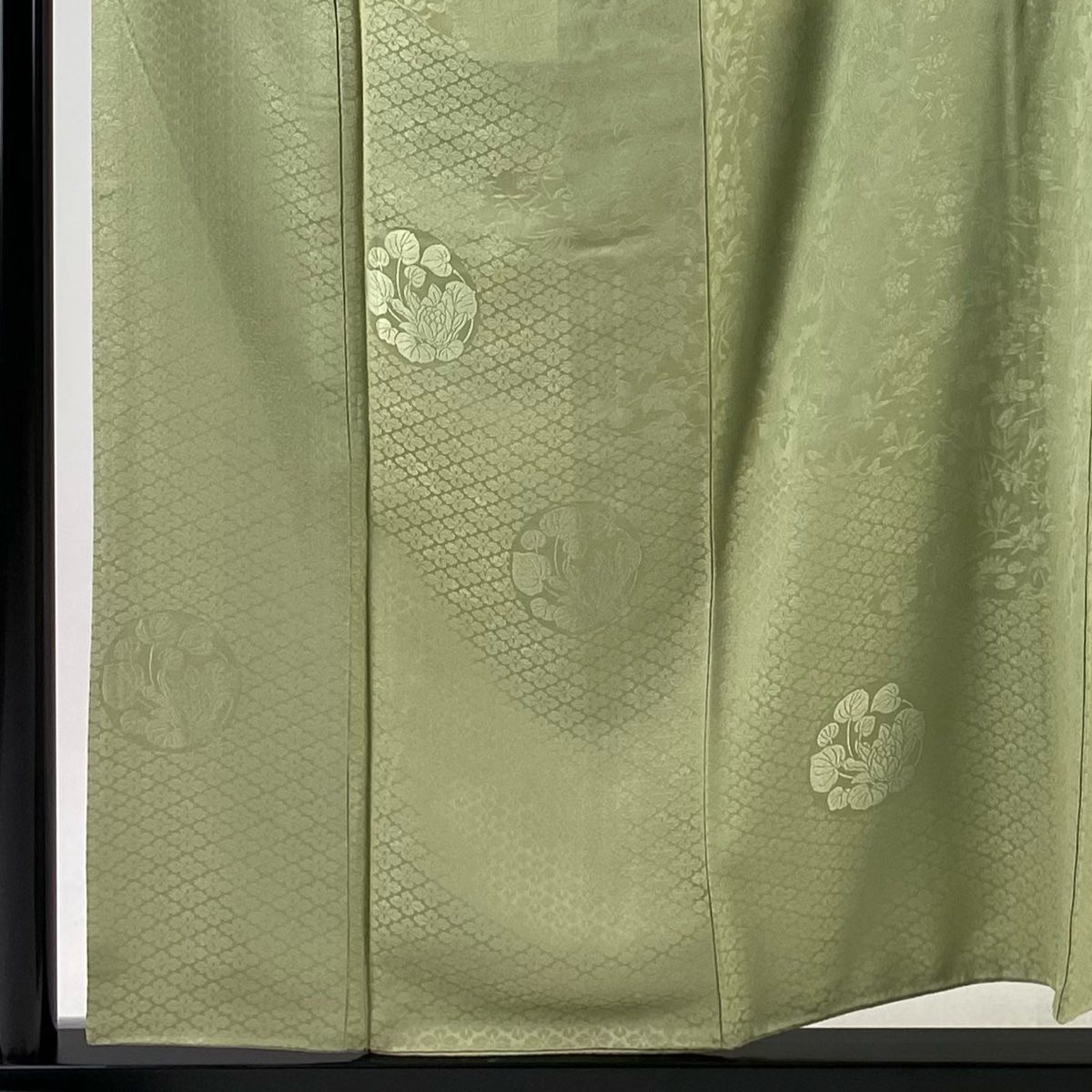 色無地 身丈157.5cm 裄丈61.5cm S 袷 ほていや 地紋 灰緑 正絹 秀品 一つ紋