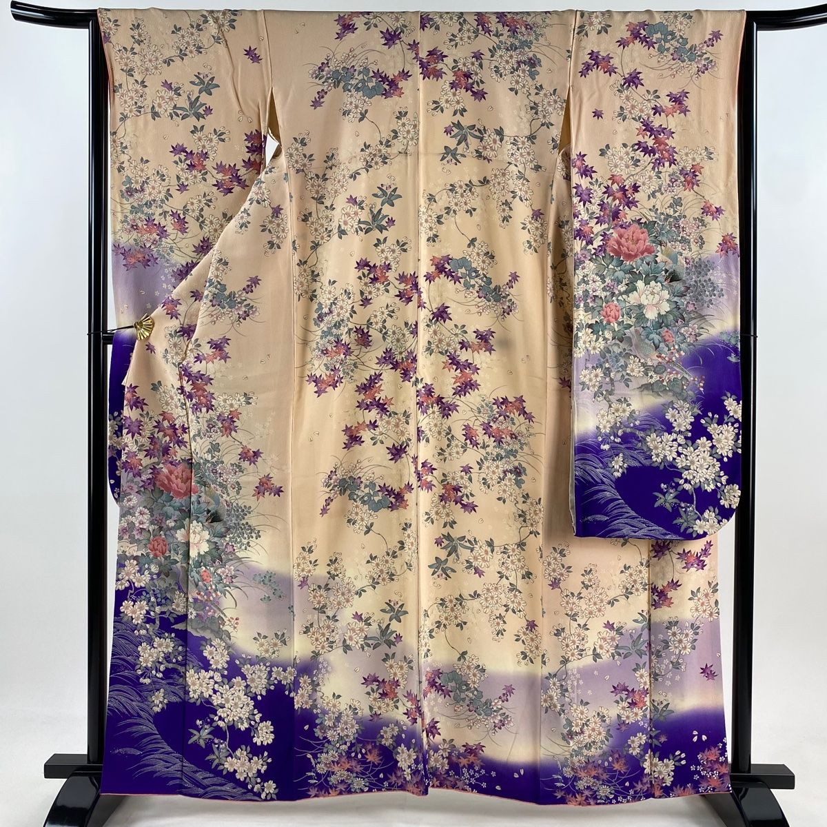 振袖 身丈161cm 裄丈64cm M 袷 牡丹 鳥 ちりめん 金彩 薄オレンジ 正絹 秀品