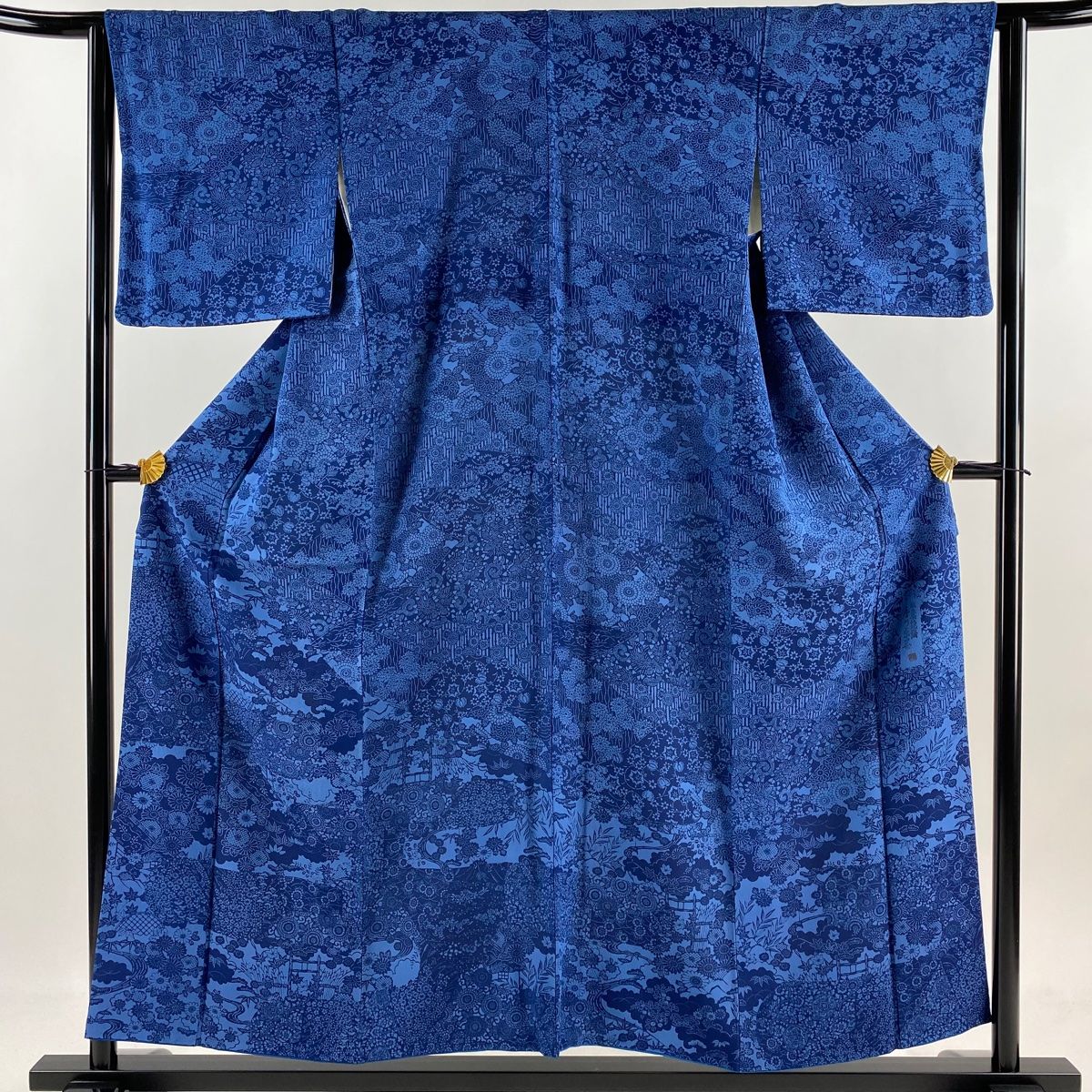 小紋 身丈155cm 裄丈64cm M 袷 落款 菊 雲 藍色 正絹 秀品