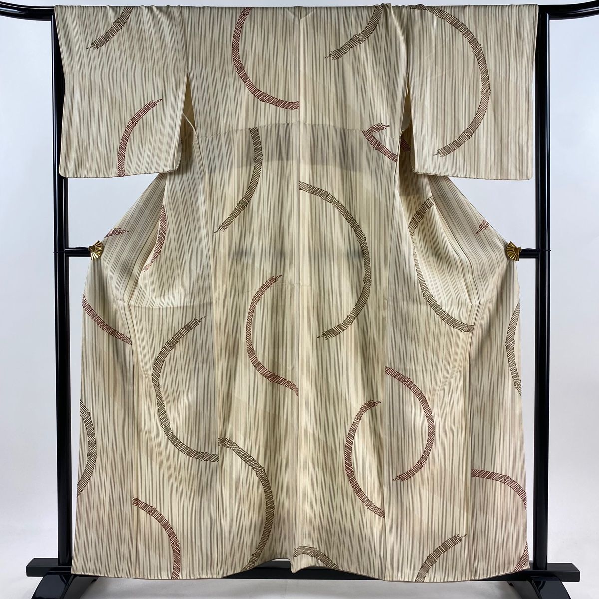 小紋 身丈158cm 裄丈66cm M 袷 竹 縦縞 ベージュ 正絹 秀品
