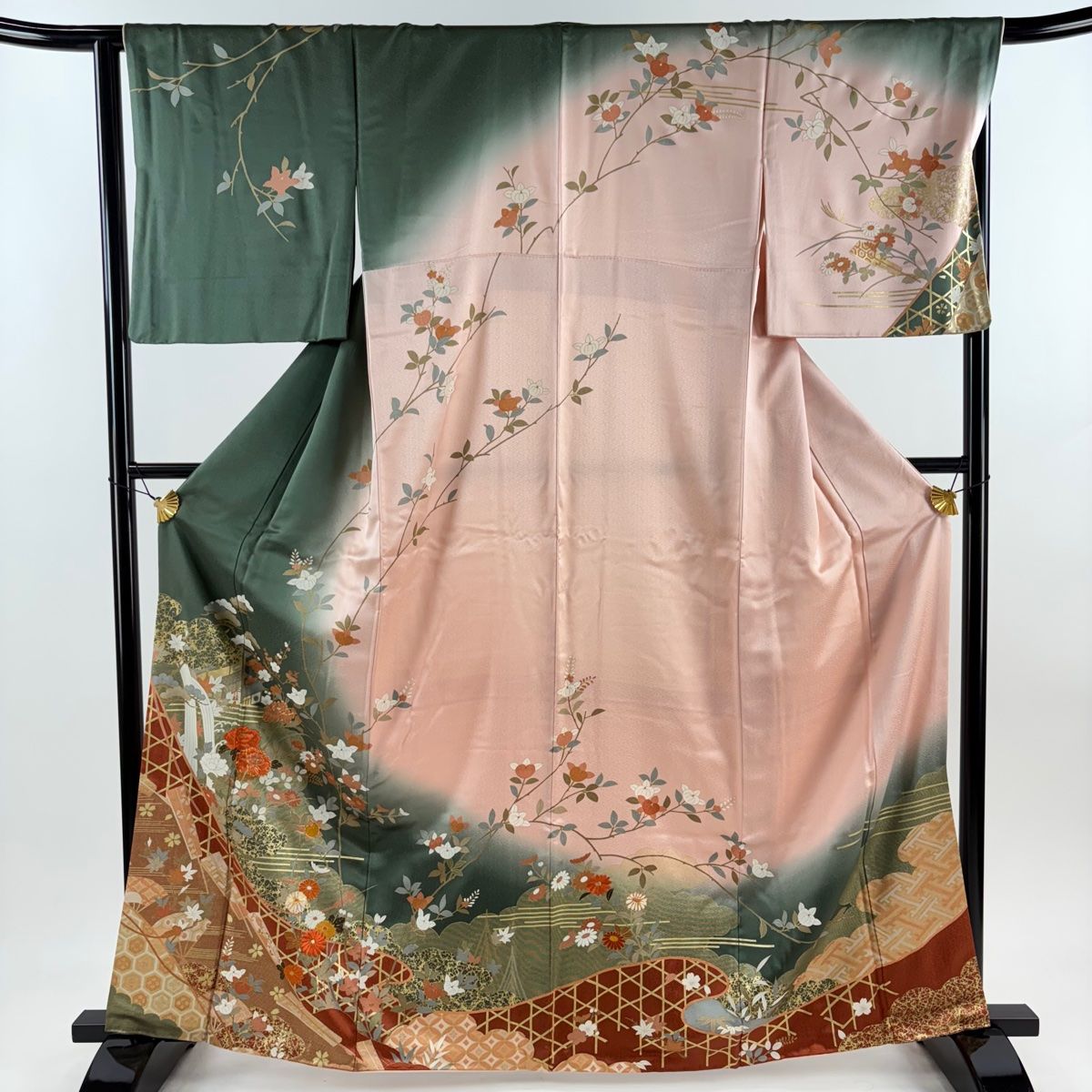 訪問着 身丈163.5cm 裄丈65.5cm M 袷 牡丹 建物 刺繍 金糸 灰緑 正絹