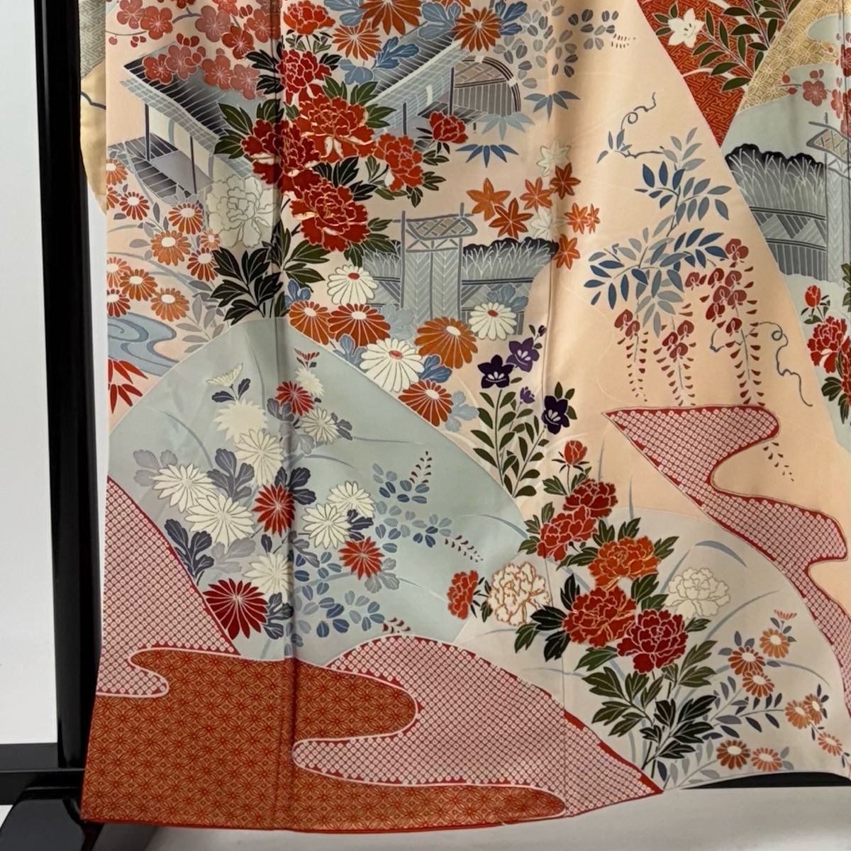 振袖 身丈161cm 裄丈65.5cm M 袷 牡丹 松竹梅 金糸 金彩 薄ピンク 正絹 秀品